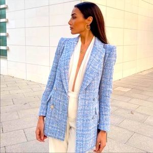 Zara Textured Weave Tweed Double Breasted Tweed Blazer Size M